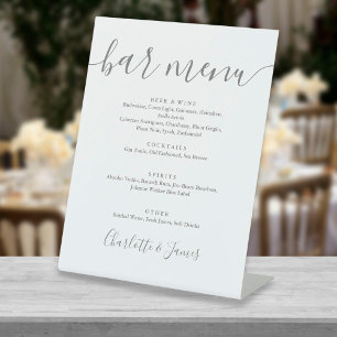 Grey And White Signature Script Wedding Bar Menu Pedestal Sign
