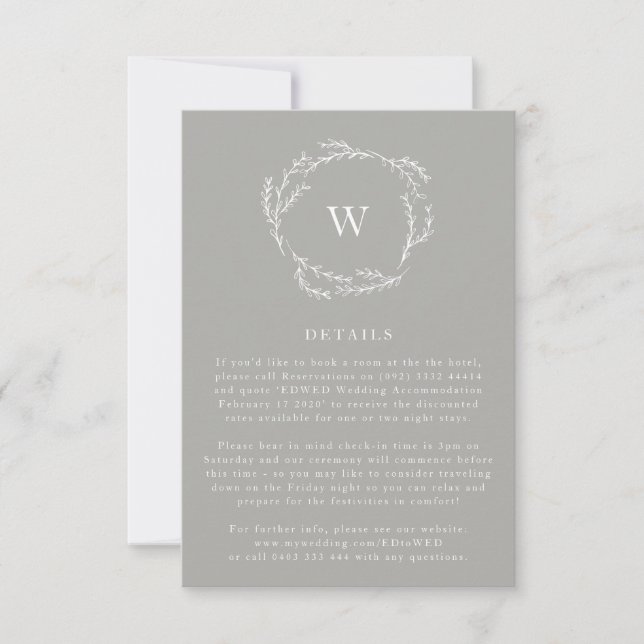 Grey and White Simple Wreath Wedding details Card (Front)