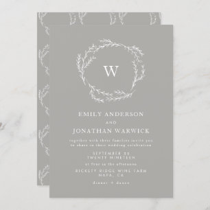 Grey and White Simple Wreath Wedding Invitation