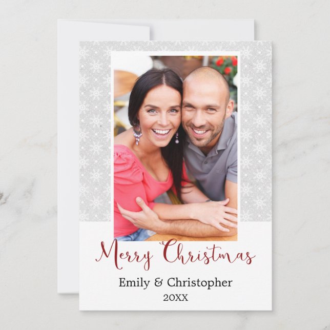 Grey and White Snowflake Christmas Photo Card (Front)