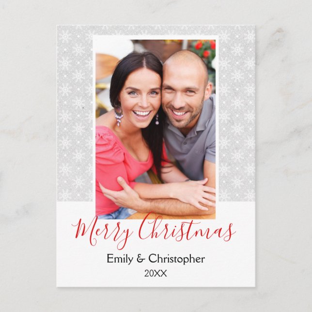 Grey and White Snowflake Christmas Photo Card (Front)