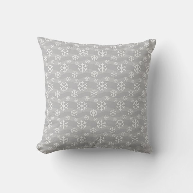 Grey and White Snowflake Pattern Modern Seasonal Cushion (Front)