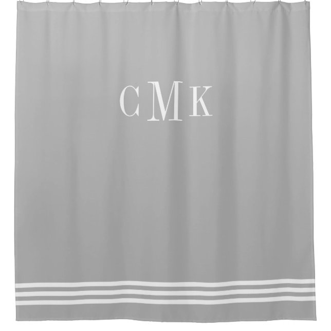 Grey and White Sophisticated Stripes and Monogram Shower Curtain (Front)