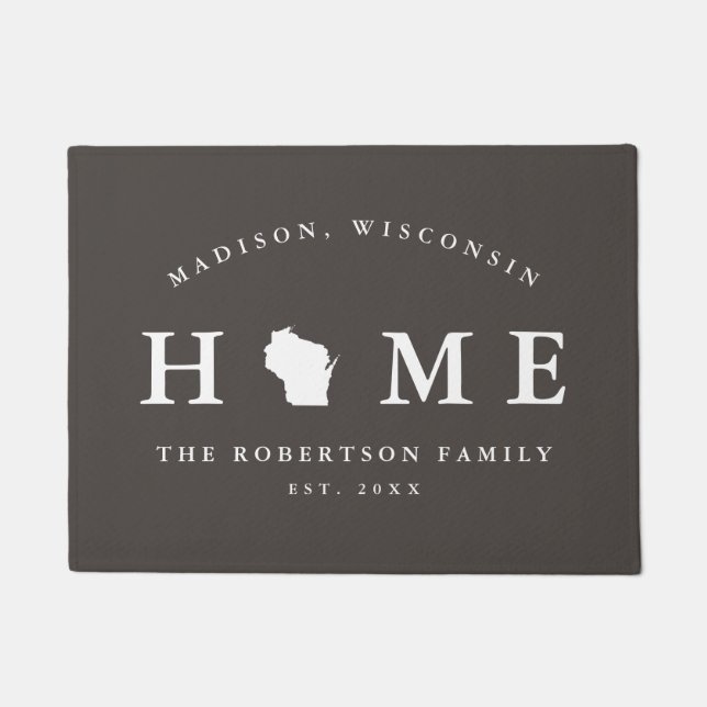 Grey and White State of Wisconsin Map Mat, Doormat (Front)
