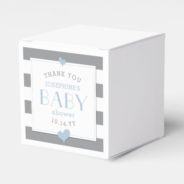 Grey and White Stripe Blue Heart Baby Shower Favour Box (Front Side)