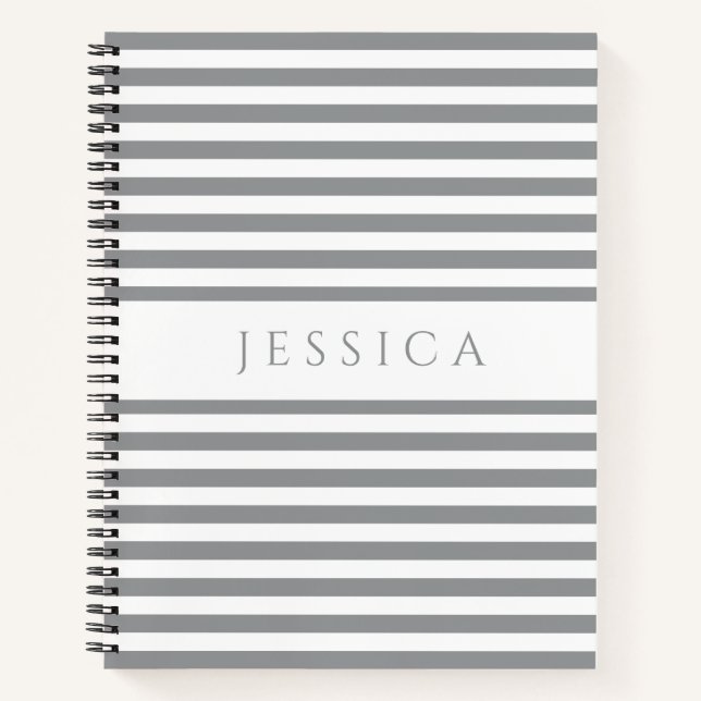 Grey And White Striped Pattern Name Notebook (Front)
