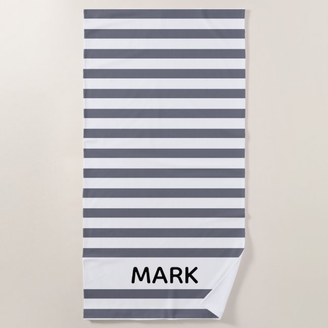Grey And White Striped Personalised Beach Towel (Front)