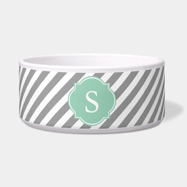 Grey and White Stripes Monogram Large Dog Bowl (Front)