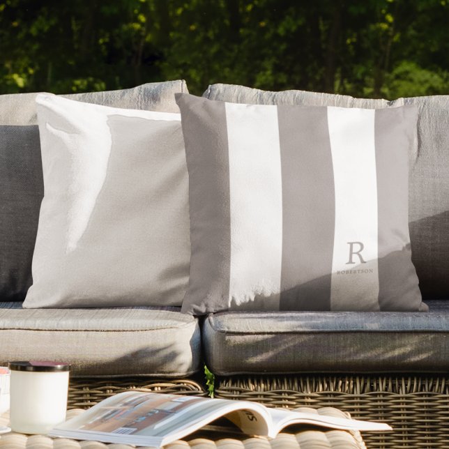 Grey and White Stripes Monogram Name Outdoor Cushion (Creator Uploaded)