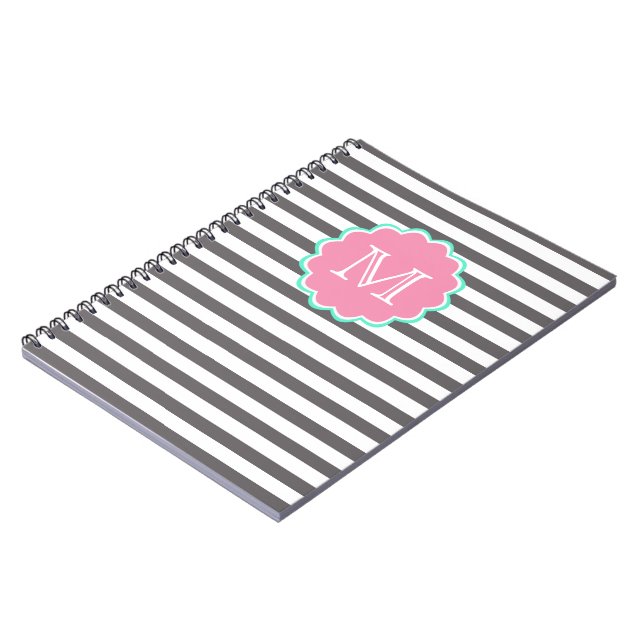 Grey and white stripes, Monogram Notebook (Left Side)