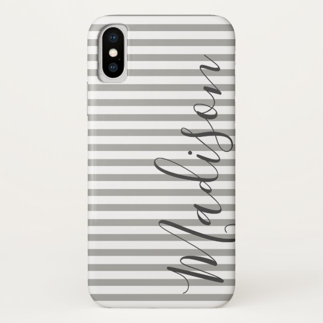 Grey and White Stripes  Personalised Name Case-Mate iPhone Case (Back)
