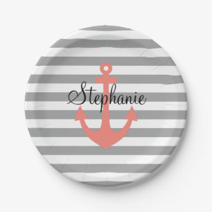 Grey and White Stripes with Coral  Nautical Anchor Paper Plate