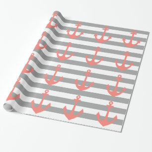 Grey and White Stripes with Coral  Nautical Anchor Wrapping Paper