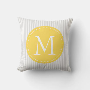Grey And White Stripes Yellow Custom Monogram Cushion