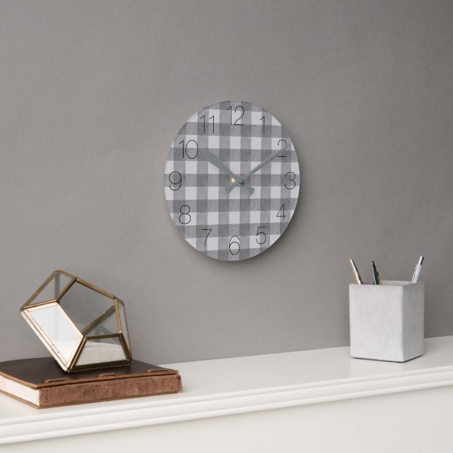 Grey and White Textured Buffalo Plaid Round Clock (Office)