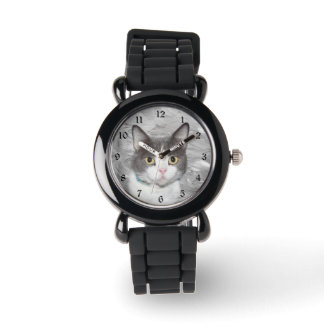 Grey and white tuxedo kitty watch