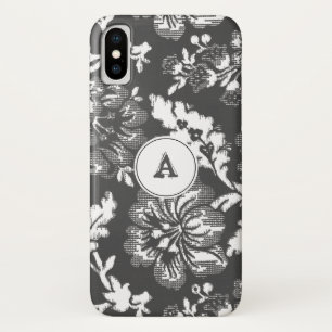 Grey And White Vintage Floral Print With Monogram iPhone X Case