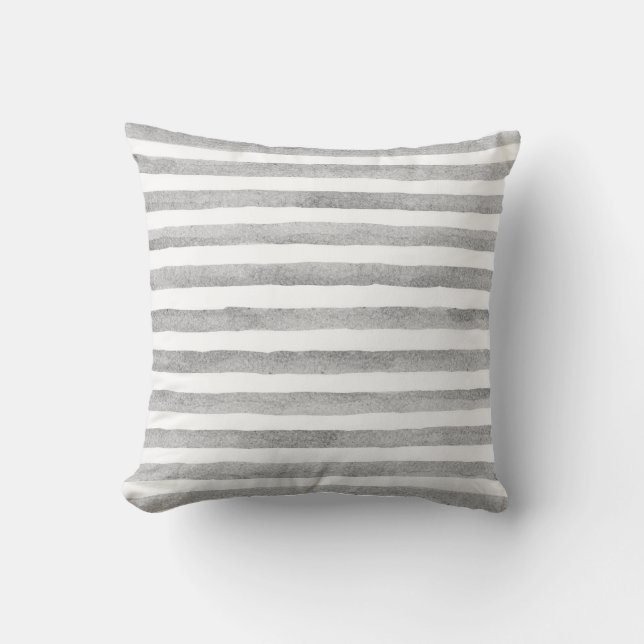 Grey and White Watercolor Stripe Nautical Pillow (Front)