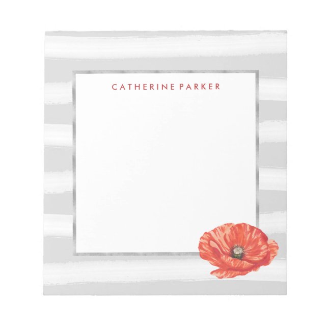 Grey and White Watercolor Stripes with Red Flower Notepad (Front)