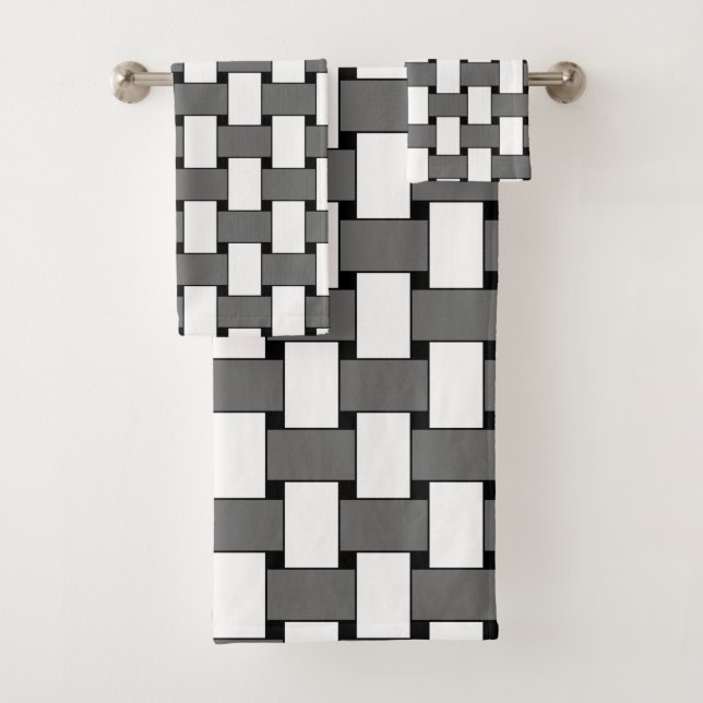 Grey and White Weave Geometric Pattern Bath Towel Set (Insitu)