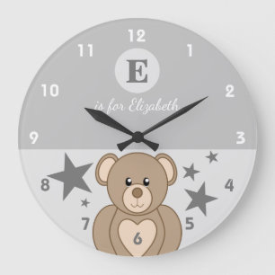Grey and white with a cute teddy stars baby name large clock