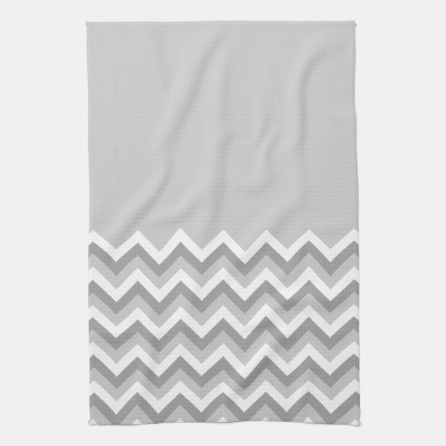 Grey and White Zig Zag Pattern. Part Plain Grey. Tea Towel (Vertical)