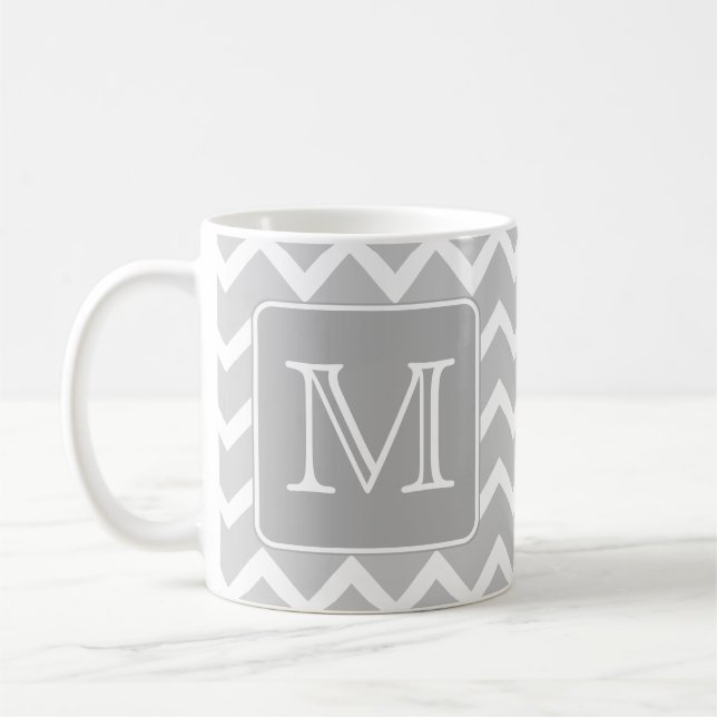 Grey and White Zigzags with Custom Monogram. Coffee Mug (Left)