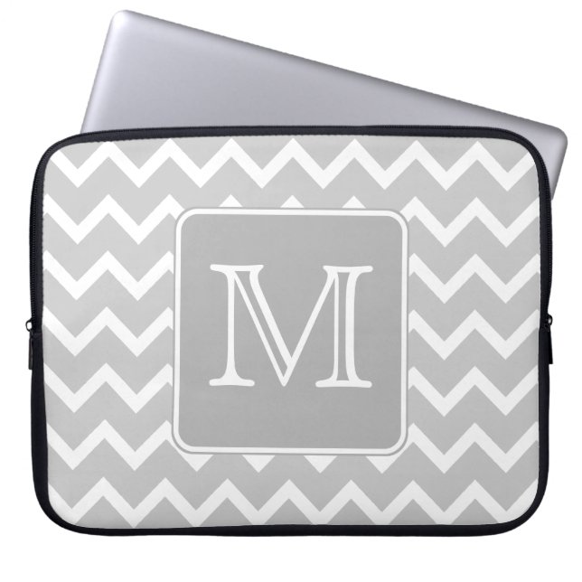 Grey and White Zigzags with Custom Monogram. Laptop Sleeve (Front)