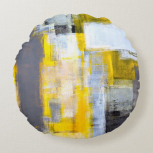 Grey and Yellow Abstract Art Paintingabstract,art, Round Cushion