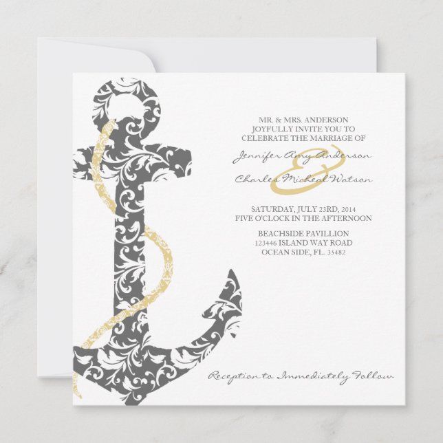 Grey and Yellow Anchor Beach Wedding Invitation (Front)