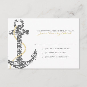 Grey and Yellow Anchor Beach Wedding rsvp Card