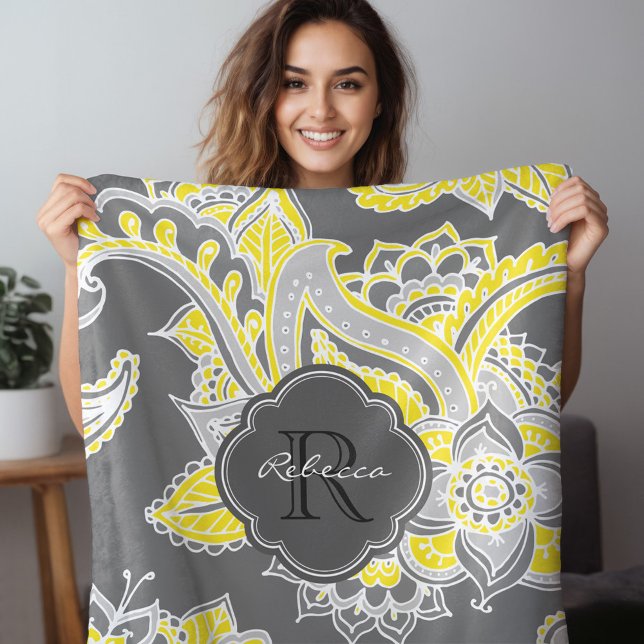 Grey and Yellow Boho Paisley Monogrammed Fleece Blanket (Creator Uploaded)