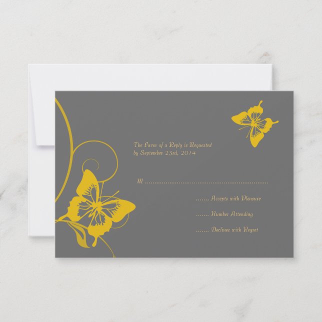Grey and Yellow Butterfly Wedding RSVP (Front)