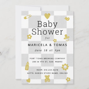Grey and Yellow Chequered Baby Shower Invitation