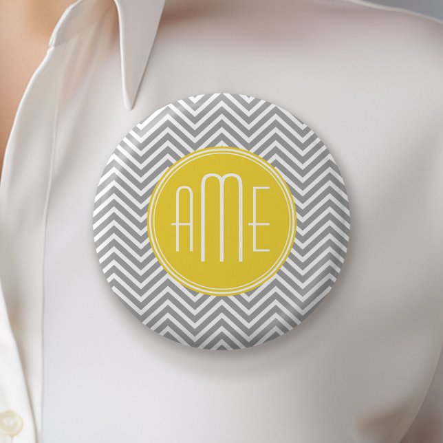 Grey and Yellow Chevrons Custom Monogram 6 Cm Round Badge (Custom Button)