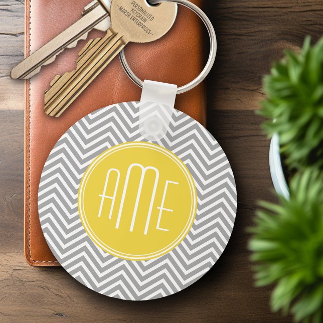 Grey and Yellow Chevrons Custom Monogram Key Ring (Personalized Keychain - Add Name or Monogram)