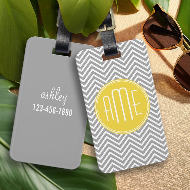 Grey and Yellow Chevrons Custom Monogram Luggage Tag (Custom Luggage Tag)
