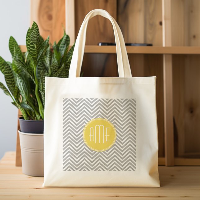 Grey and Yellow Chevrons Custom Monogram Tote Bag (Personalized tote bag with photos and custom text)