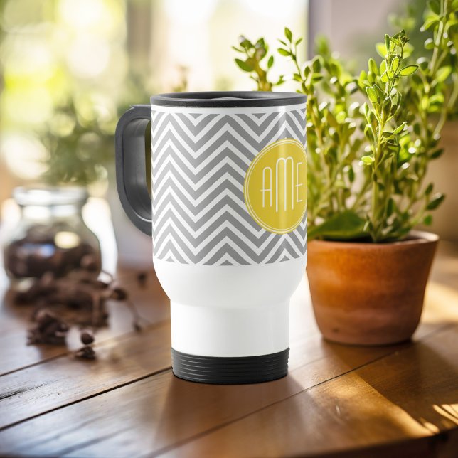 Grey and Yellow Chevrons Custom Monogram Travel Mug (Personalized travel mug - add photos and text or customize completely)