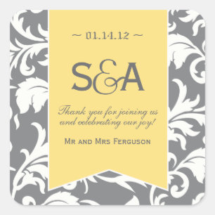 Grey and Yellow Damask Favour Stickers