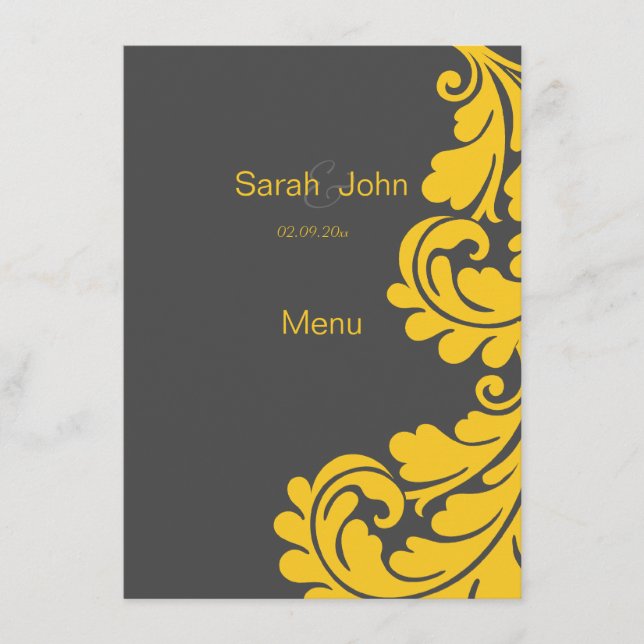 Grey and yellow damask wedding menu (Front)