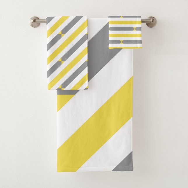 Grey and yellow diagonal small stripes bath towel set (Insitu)