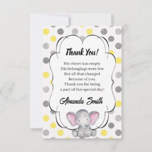Grey and Yellow Elephant Polka Dot Baby Shower  Thank You Card