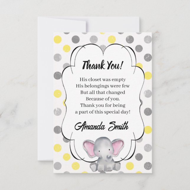 Grey and Yellow Elephant Polka Dot Baby Shower  Thank You Card (Front)