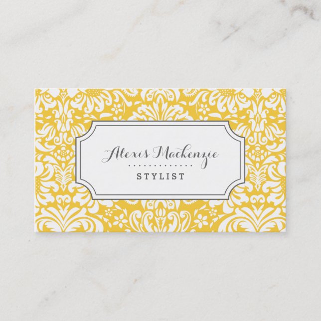 Grey and Yellow Floral Damask Business Card (Front)