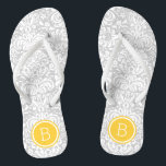 Grey and Yellow Floral Damask Monogram Flip Flops<br><div class="desc">Custom printed flip flop sandals with a stylish elegant floral damask pattern and your custom monogram or other text in a circle frame. Click Customise It to change text fonts and colours or add your own images to create a unique one of a kind design!</div>