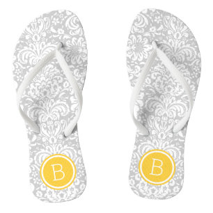 Grey and Yellow Floral Damask Monogram Flip Flops
