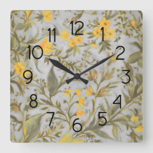 Grey and Yellow Floral Pattern Square Wall Clock