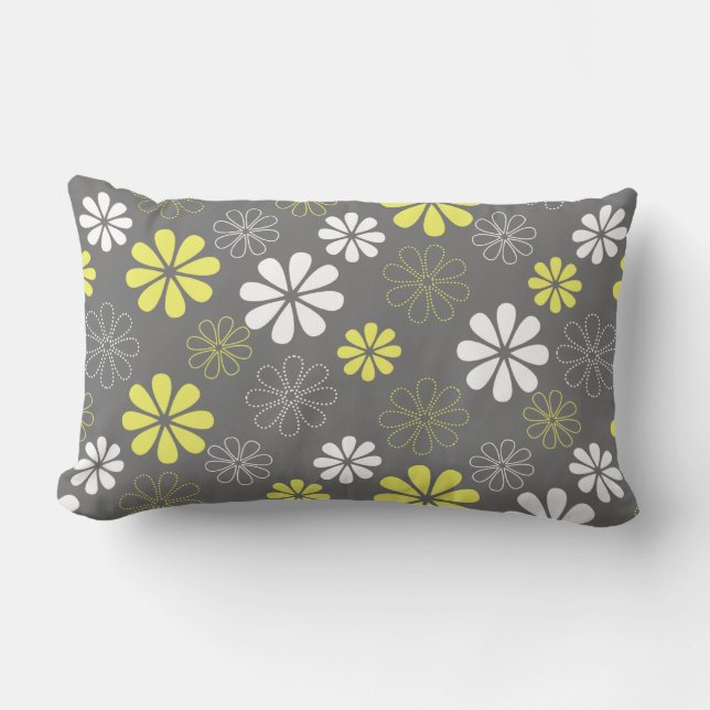 Grey and Yellow Flower Pattern Lumbar Cushion (Front)