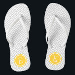 Grey and Yellow Greek Key Monogram Flip Flops<br><div class="desc">Custom printed flip flop sandals with a stylish modern Greek key pattern and your custom monogram or other text in a circle frame. Click Customise It to change text fonts and colours or add your own images to create a unique one of a kind design!</div>
